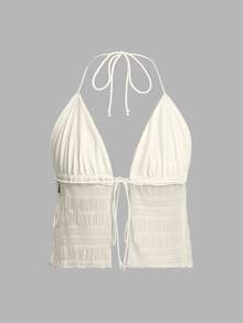 SHEIN ICON Split Hem Tie Backless Mesh Halter Y2k Top - Apricot - View 2