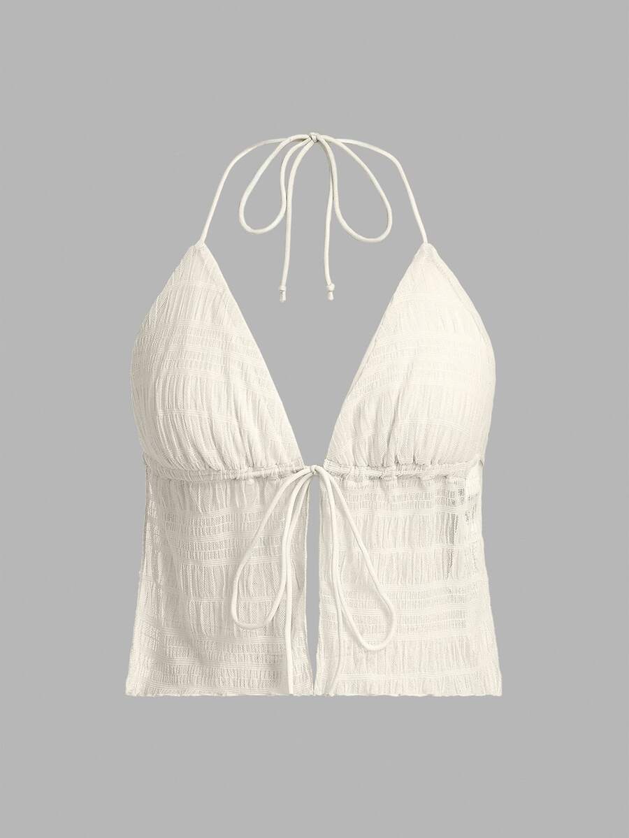 SHEIN ICON Split Hem Tie Backless Mesh Halter Y2k Top - Apricot - View 1