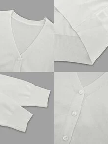 SHEIN 纯色前扣休闲长袖开衫，长袖上衣 - 白色 - 查看 8