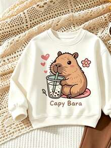 Girls' 2 Pieces Set, Cute Capybara Milk Tea Pattern Crew Neck Sweatshirt + Floral Print Flare Pants, Casual Autumn Outfit - Multicolor - View 4