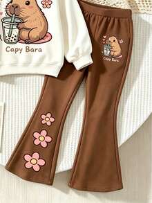 Girls' 2 Pieces Set, Cute Capybara Milk Tea Pattern Crew Neck Sweatshirt + Floral Print Flare Pants, Casual Autumn Outfit - Multicolor - View 5