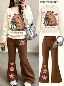 Girls' 2 Pieces Set, Cute Capybara Milk Tea Pattern Crew Neck Sweatshirt + Floral Print Flare Pants, Casual Autumn Outfit - Multicolor - View 1