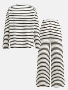 SHEIN 青少年女孩 T-Shirt 套裝 秋季 2 件套 寬鬆條紋圓領落肩長袖 T-Shirt 與鬆緊腰條紋長褲 外出穿搭 - 黑與白 - 查看 2