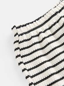 SHEIN 青少年女孩 T-Shirt 套裝 秋季 2 件套 寬鬆條紋圓領落肩長袖 T-Shirt 與鬆緊腰條紋長褲 外出穿搭 - 黑與白 - 查看 5