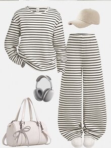 SHEIN 青少年女孩 T-Shirt 套裝 秋季 2 件套 寬鬆條紋圓領落肩長袖 T-Shirt 與鬆緊腰條紋長褲 外出穿搭 - 黑與白 - 查看 3