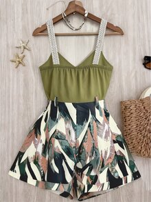 Roelina Women's Colorblock Casual Daily Wear Romper - Army Green - View 2