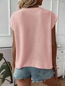 SHEIN Holidaya Women's Solid Color Minimalist Daily Wear Round Neck Short Sleeve Sweater Vest - Pink - View 3