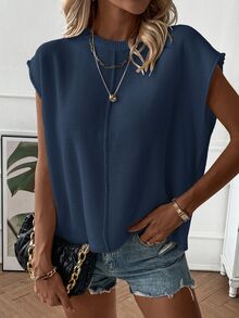 SHEIN Holidaya Women's Casual Solid Color Round Neck Batwing Sleeve Sweater Vest, Summer - Navy Blue - View 6