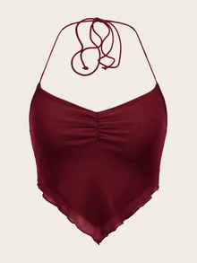 SHEIN ICON Women's Summer Solid Color Pleated Asymmetric Hem Halter Neck Tie Back Cami Tank Top - Burgundy - View 1
