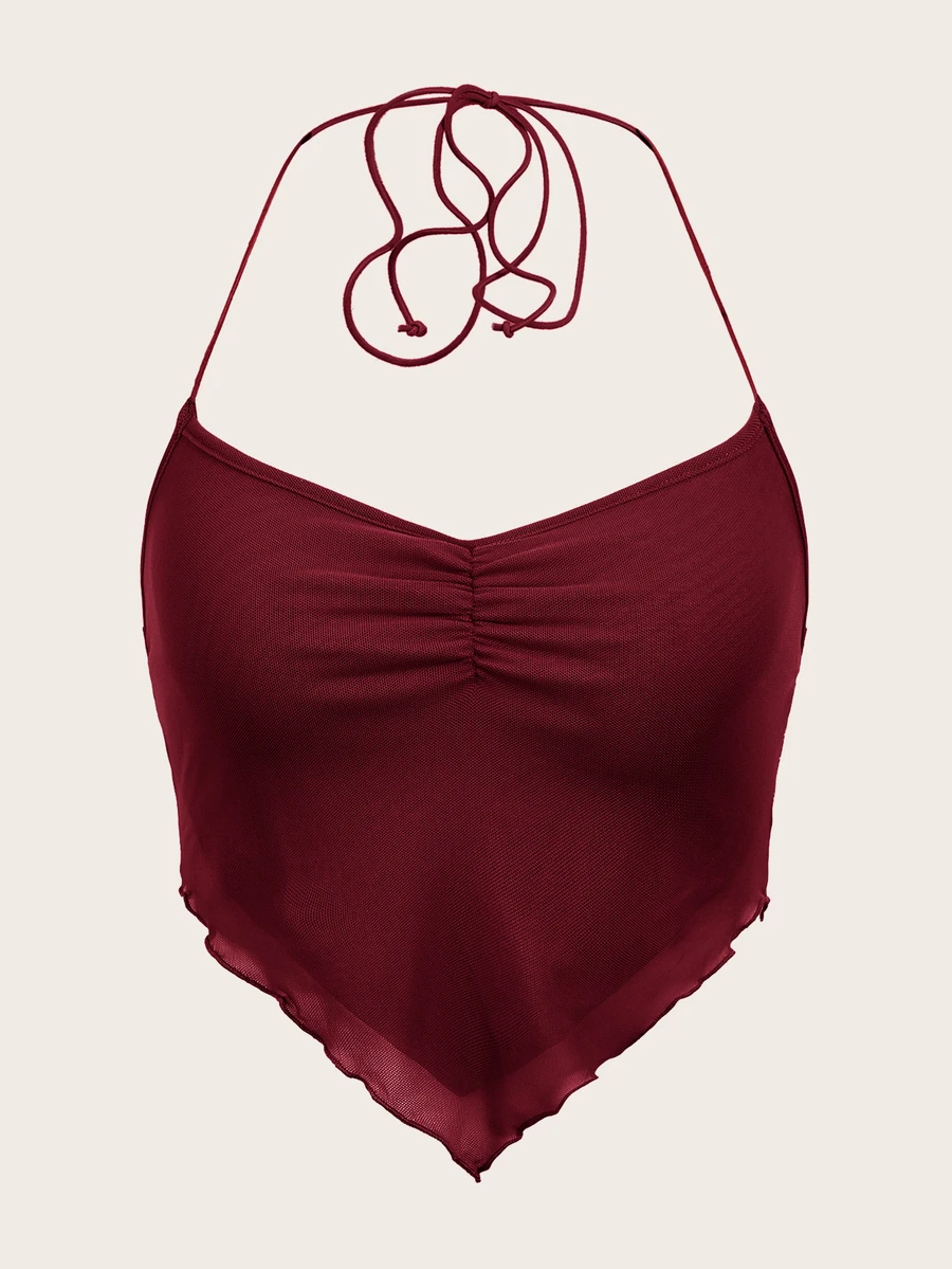 SHEIN ICON Women's Summer Solid Color Pleated Asymmetric Hem Halter Neck Tie Back Cami Tank Top - Burgundy - View 1
