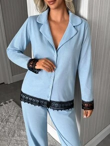 SHEIN Classic Button Front Pajama Set – Soft Long Sleeve Top & Comfy Straight Leg Pants Loungewear - Baby Blue - View 5