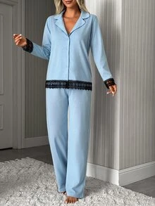 SHEIN Classic Button Front Pajama Set – Soft Long Sleeve Top & Comfy Straight Leg Pants Loungewear - Baby Blue - View 4