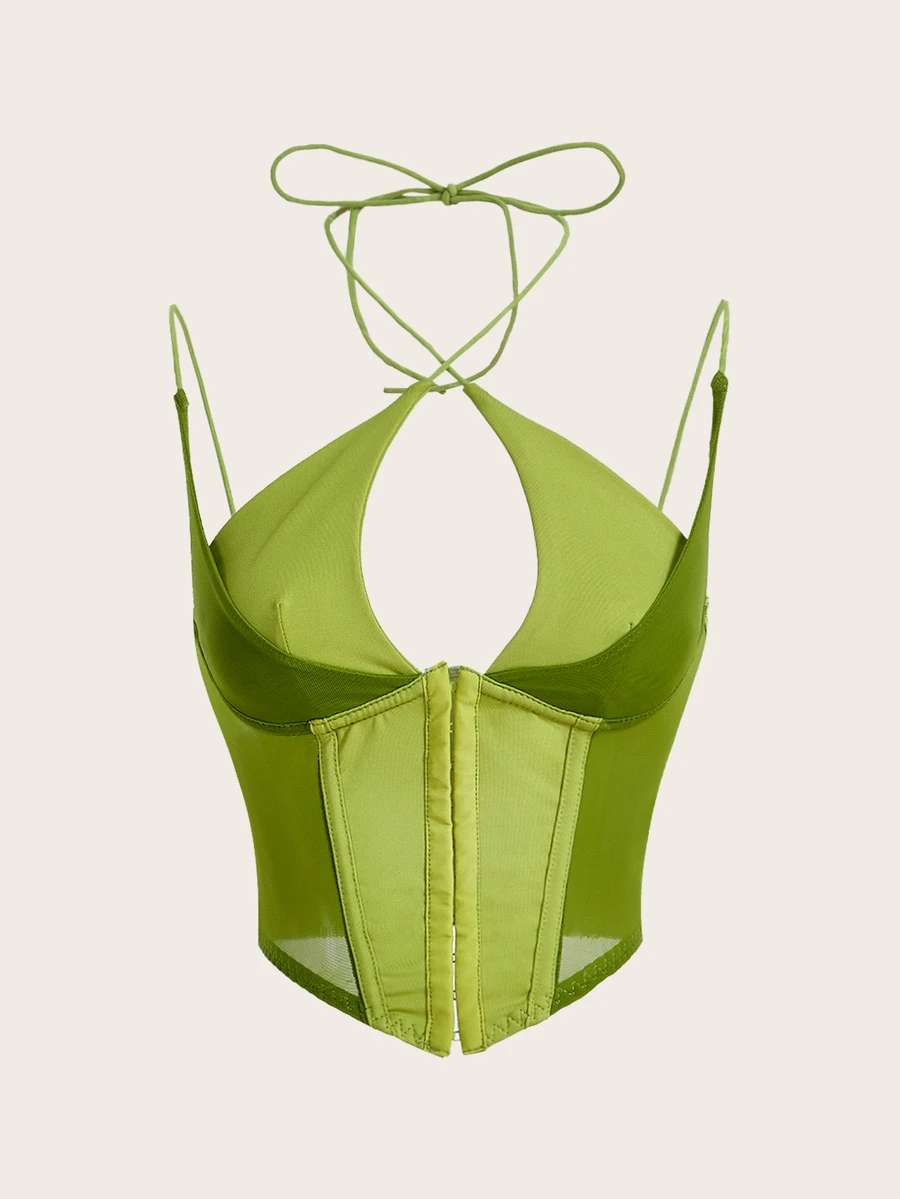 SHEIN ICON 白色束腰勾眼前置網狀插片吊帶上衣 - 綠色 - 查看 1