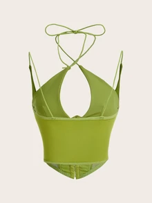 SHEIN ICON 白色束腰勾眼前置網狀插片吊帶上衣 - 綠色 - 查看 2