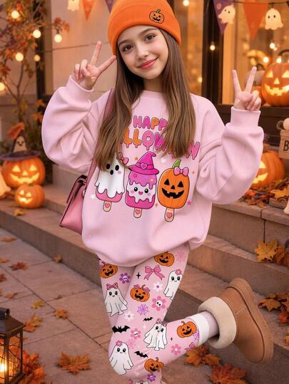 SHEIN Halloween, Tween Girl Casual Cute Cartoon Ghost Pumpkin Ice Cream Pattern, Sweet Creamy Pink, Round Neck Long Sleeve Sweatshirt & Leggings 2 Pieces Set, Suitable For Autumn/Winter Party Looks, Fall Clothes, Kawaii, Festival