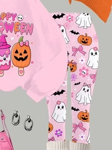SHEIN 萬聖節青少年女孩休閒可愛卡通幽靈南瓜冰淇淋圖案，甜美奶油粉色，圓領長袖衛衣與內搭褲2件套，適合秋冬派對造型，秋季服飾，卡哇伊，節慶 - 彩色 - 查看 6