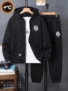 SHEIN 2件組兒童青少年男孩休閒運動字母圖案黑色連帽外套衛衣長袖外套+長褲套裝，適合通勤、上學、日常休閒、度假、旅行、運動，秋冬款 - 黑色 - 查看 6