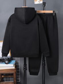SHEIN 2件組兒童青少年男孩休閒運動字母圖案黑色連帽外套衛衣長袖外套+長褲套裝，適合通勤、上學、日常休閒、度假、旅行、運動，秋冬款 - 黑色 - 查看 3