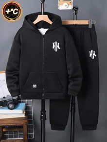 SHEIN 2件組兒童青少年男孩休閒運動字母圖案黑色連帽外套衛衣長袖外套+長褲套裝，適合通勤、上學、日常休閒、度假、旅行、運動，秋冬款 - 黑色 - 查看 5