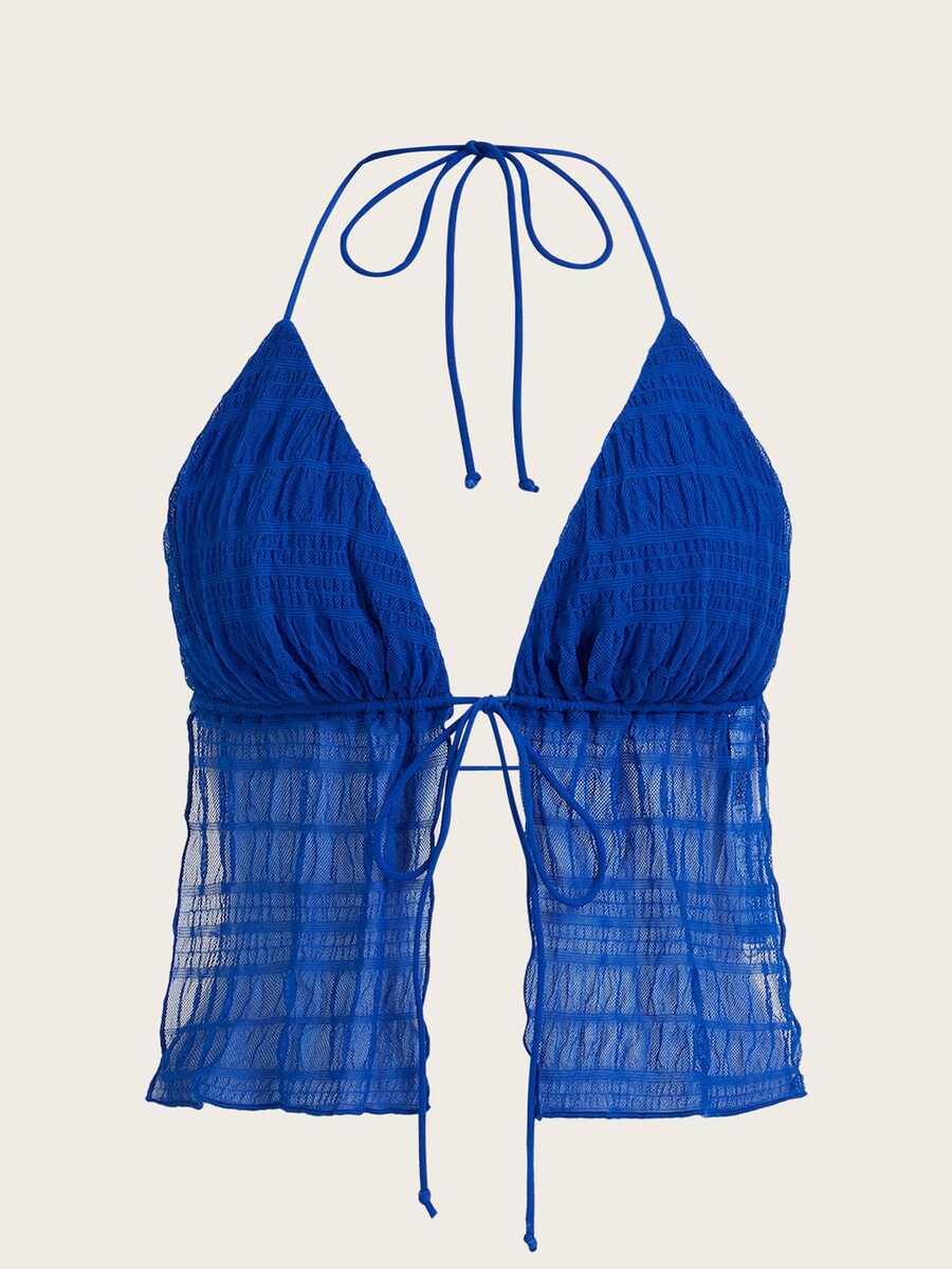SHEIN ICON Split Hem Tie Backless Mesh Halter Y2k Top - Royal Blue - View 1