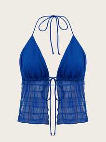 SHEIN ICON Split Hem Tie Backless Mesh Halter Y2k Top - Royal Blue - View 2