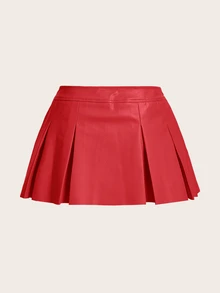 SHEIN ICON 紅色純色 Pu 皮革百褶迷你裙 - 紅色 - 查看 2