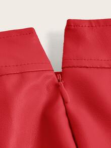 SHEIN ICON 紅色純色 Pu 皮革百褶迷你裙 - 紅色 - 查看 5