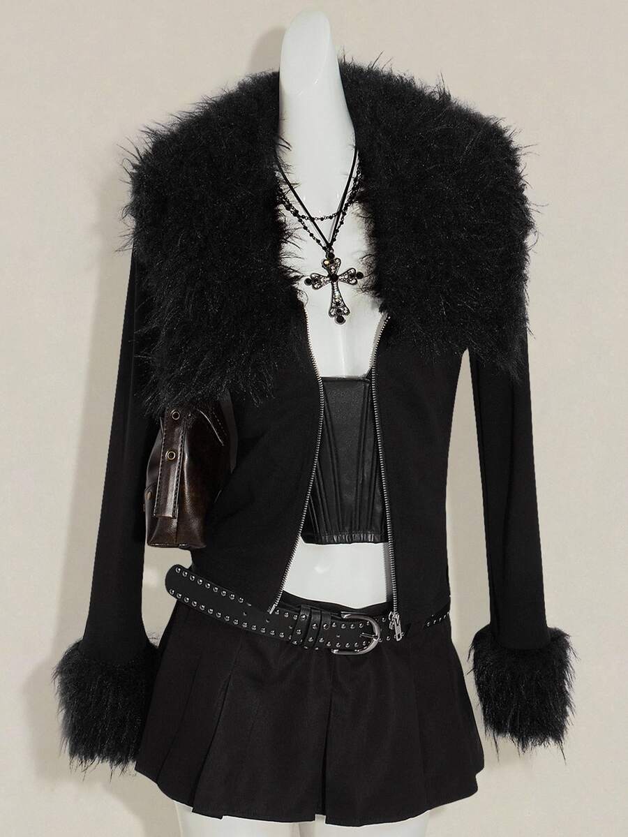 SHEIN ICON Y2k Fall Western Going Out Black Zip Up Grunge Concert Goth Solid Color Faux Fur Zipper Patchwork Fitted Long Sleeve Jacket Black Fur Trim Jacket - Black - View 1