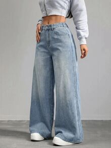 SHEIN ICON 女款時尚百搭鈕扣口袋寬鬆牛仔褲 - 黑色 - 查看 4