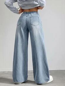 SHEIN ICON 女款時尚百搭鈕扣口袋寬鬆牛仔褲 - 黑色 - 查看 7