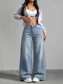 SHEIN ICON 女款時尚百搭鈕扣口袋寬鬆牛仔褲 - 黑色 - 查看 5