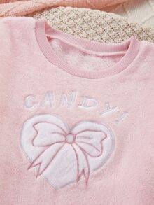 Conjunto de pijama suave de felpa para niñas preadolescentes, rosa, sudadera de manga larga con corazón y lazo & pantalones de estar en casa a cuadros, 2 piezas - Rosa - Ver 7