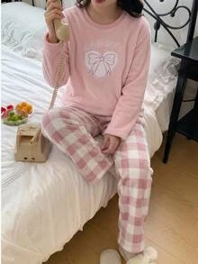 Conjunto de pijama suave de felpa para niñas preadolescentes, rosa, sudadera de manga larga con corazón y lazo & pantalones de estar en casa a cuadros, 2 piezas - Rosa - Ver 2