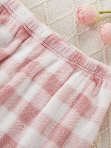 Conjunto de pijama suave de felpa para niñas preadolescentes, rosa, sudadera de manga larga con corazón y lazo & pantalones de estar en casa a cuadros, 2 piezas - Rosa - Ver 6