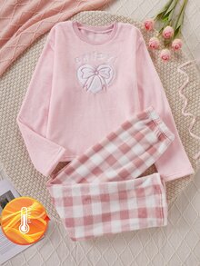 Conjunto de pijama suave de felpa para niñas preadolescentes, rosa, sudadera de manga larga con corazón y lazo & pantalones de estar en casa a cuadros, 2 piezas - Rosa - Ver 4