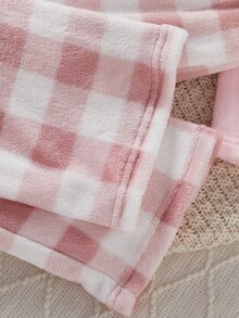 Conjunto de pijama suave de felpa para niñas preadolescentes, rosa, sudadera de manga larga con corazón y lazo & pantalones de estar en casa a cuadros, 2 piezas - Rosa - Ver 5