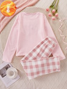 Conjunto de pijama suave de felpa para niñas preadolescentes, rosa, sudadera de manga larga con corazón y lazo & pantalones de estar en casa a cuadros, 2 piezas - Rosa - Ver 9