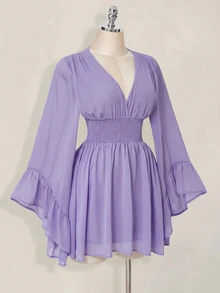 SHEIN ICON 女款純色抓皺百褶休閒派對迷你洋裝 - 紫色 - 查看 5