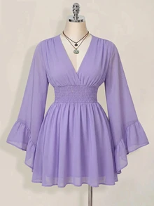 SHEIN ICON 女款純色抓皺百褶休閒派對迷你洋裝 - 紫色 - 查看 10