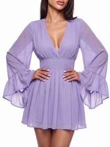 SHEIN ICON 女款純色抓皺百褶休閒派對迷你洋裝 - 紫色 - 查看 2