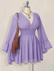 SHEIN ICON 女款純色抓皺百褶休閒派對迷你洋裝 - 紫色 - 查看 1