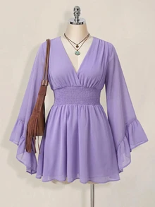SHEIN ICON 女款純色抓皺百褶休閒派對迷你洋裝 - 紫色 - 查看 9
