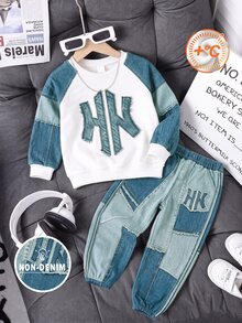 Boys (Small) Sweatshirt Set, Denim Effect Print Style, Letter Pattern Crew Neck Long Sleeve Sweatshirt And Matching Color Pants 2 Pieces Outfit, Suitable For Indoor And Outdoor Wear In Autumn And Winter - Multicolor - View 3
