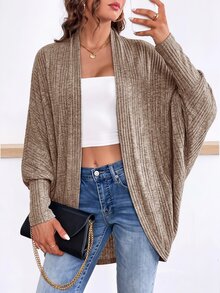 SHEIN Essnce 大码女装秋季新款时尚商务休闲女士外出上衣返校节秋季女装休闲通勤拉绒面料休闲纯色黑色宽松无扣开衫，蝙蝠开衫，超宽松开衫女士开衫 - 杏色 - 查看 1