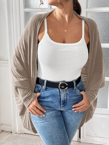 SHEIN Essnce 大码女装秋季新款时尚商务休闲女士外出上衣返校节秋季女装休闲通勤拉绒面料休闲纯色黑色宽松无扣开衫，蝙蝠开衫，超宽松开衫女士开衫 - 杏色 - 查看 3