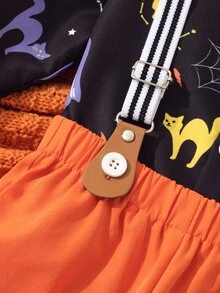 SHEIN 男童 2 件組萬聖節套裝，滿版蜘蛛網、蝙蝠、幽靈、南瓜與貓咪印花，亮橘色領結與橘色吊帶長褲 - 彩色 - 查看 7