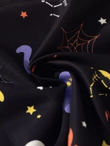 SHEIN 男童 2 件組萬聖節套裝，滿版蜘蛛網、蝙蝠、幽靈、南瓜與貓咪印花，亮橘色領結與橘色吊帶長褲 - 彩色 - 查看 9