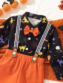 SHEIN 男童 2 件組萬聖節套裝，滿版蜘蛛網、蝙蝠、幽靈、南瓜與貓咪印花，亮橘色領結與橘色吊帶長褲 - 彩色 - 查看 6