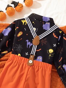 SHEIN 男童 2 件組萬聖節套裝，滿版蜘蛛網、蝙蝠、幽靈、南瓜與貓咪印花，亮橘色領結與橘色吊帶長褲 - 彩色 - 查看 8
