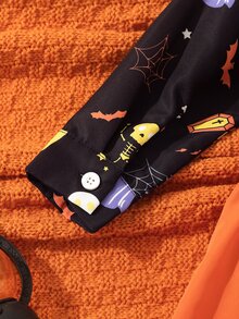 SHEIN 男童 2 件組萬聖節套裝，滿版蜘蛛網、蝙蝠、幽靈、南瓜與貓咪印花，亮橘色領結與橘色吊帶長褲 - 彩色 - 查看 10